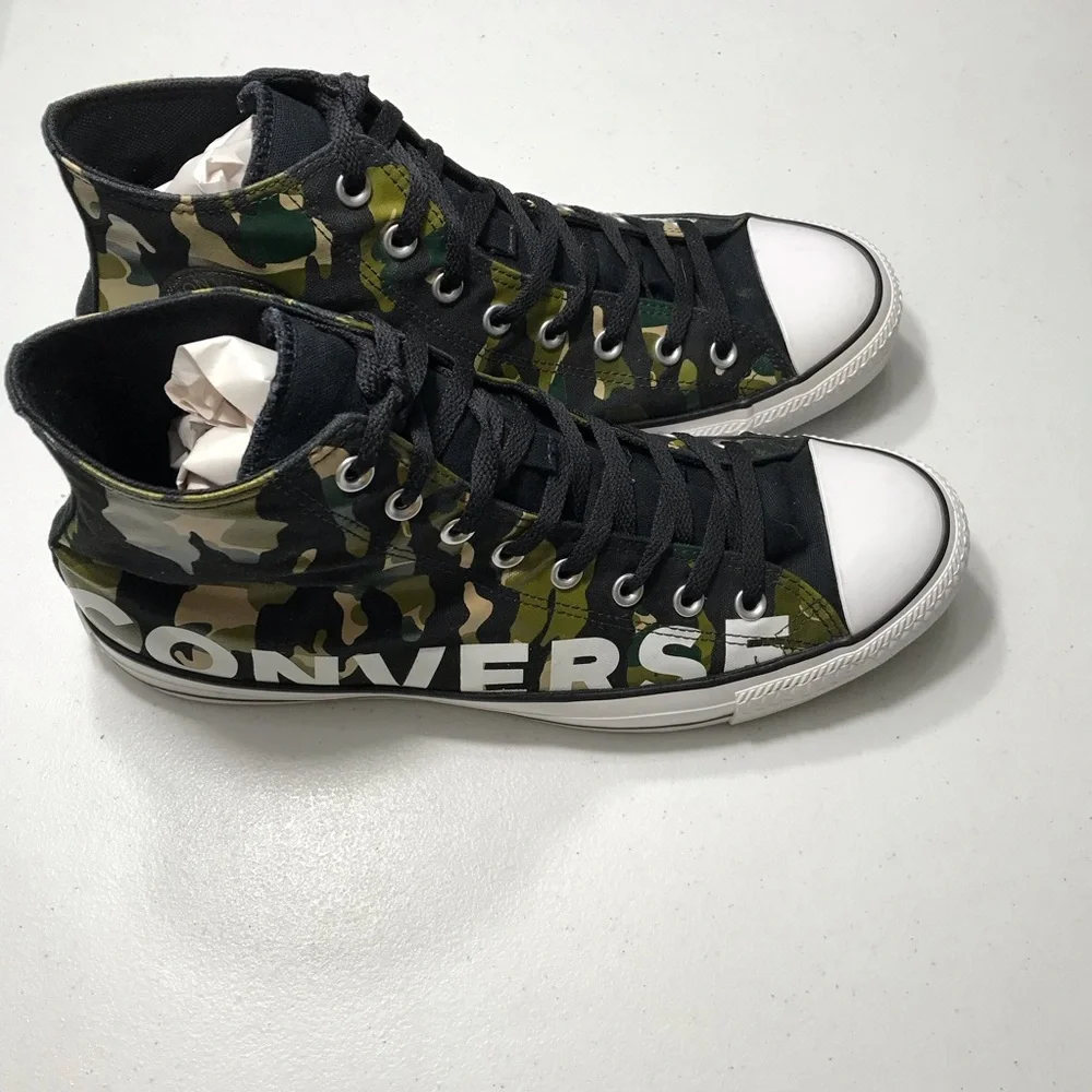 Converse Chuck Taylor All Star Black and Green Hi-Top Camouflage Sneakers Sz 12 - Picture 3 of 13